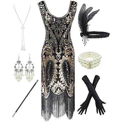 FUNDAISY 1920s Gatsby Sequin Fringed Paisley Flapper Dress with 20s Accessories Set (Style02-Black&Gold, M) Cover