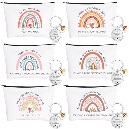 6 set di regali di ringraziamento, regali ispiratori per donne, trousse arcobaleno per il trucco con portachiavi ispiratore, regali di compleanno per donne, ragazze, sorelle, insegnanti, infermiere,
