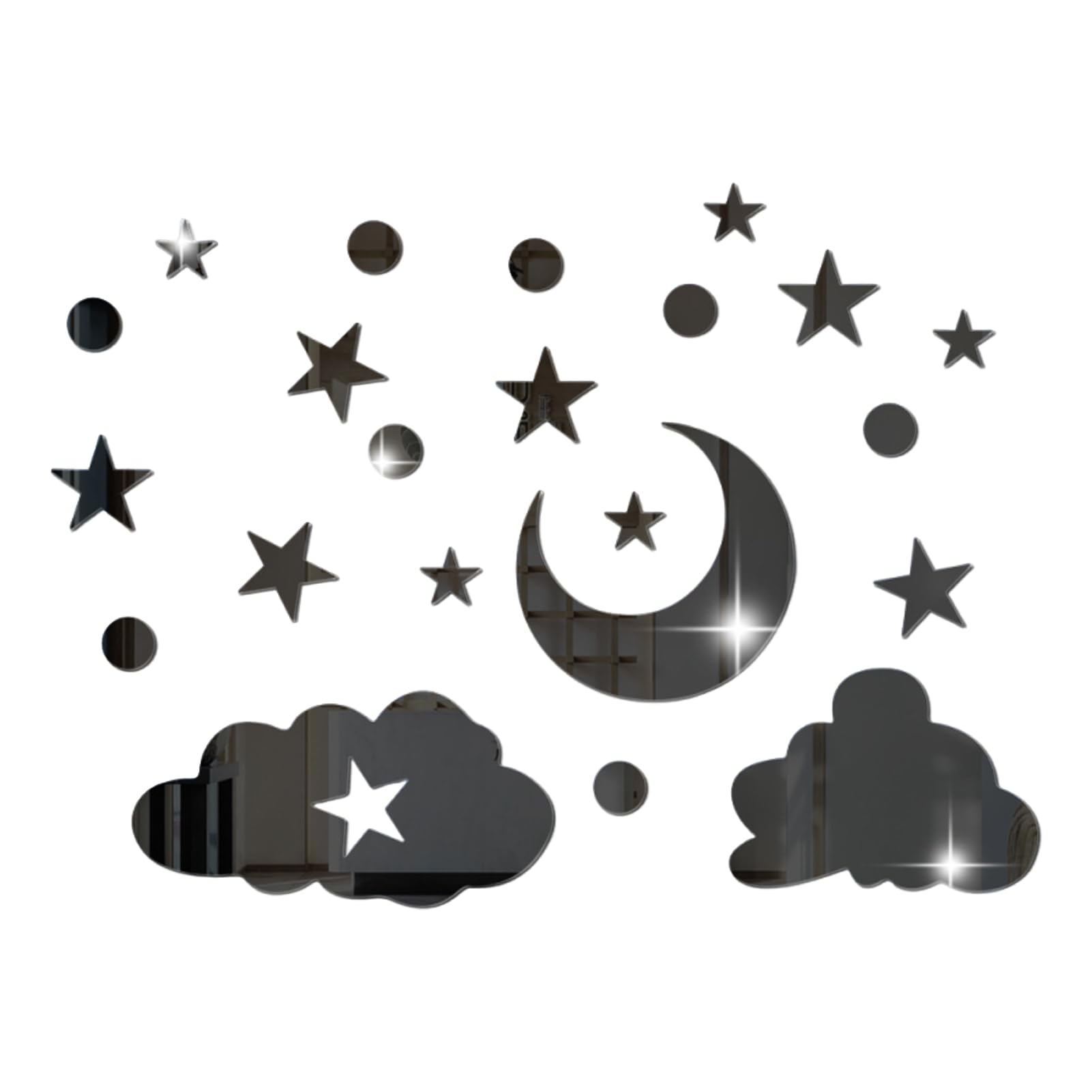 sugerou 3D Mirror Wall Stickers Star Moon Cloud Decals, Reflective Acrylic Wall Decor for Kids Bedroom Nursery Ceiling, Self Adhesive DIY Sky Theme Art Black