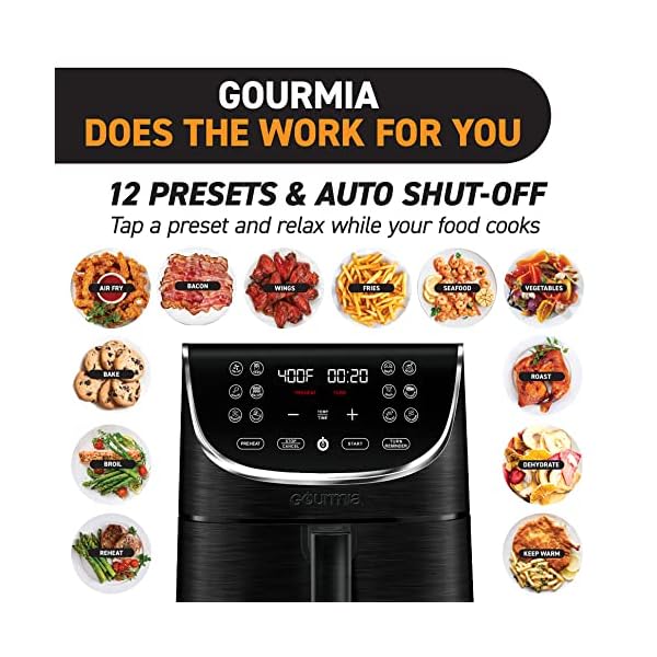 Gourmia Air Fryer Oven Digital Display 7 Quart Large AirFryer Cooker 12 Touch Cooking Presets, XL Air Fryer Basket 1700w Power Multifunction GAF716 Black and Stainless Steel Accents FRY FORCE 360° - Image 7