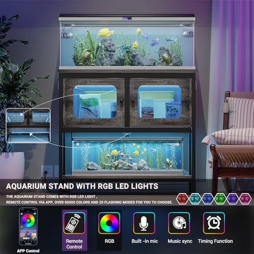 Hyomdeck 40 Gallon Fish Tank Stand with Magic Power Outlets and Smart LED Lights, Aquarium Stand with Storage Cabinet, Reptile Tank Stand with Unique Grid Door Design, Heavy Duty Metal Frame, Oak