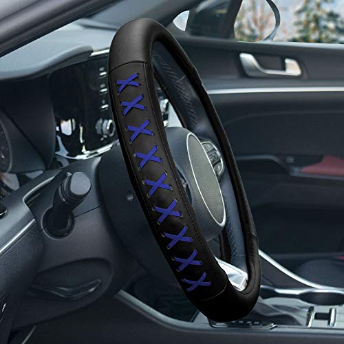 Image of FH Group 15 Inch Genuine Leather with Lace-Up Detailing Steering Wheel Cover fits Most Cars, SUVs Blue