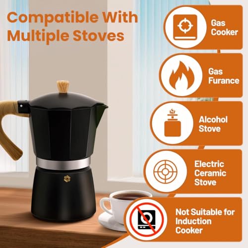 Image of Moka Pot 6-Cup 300ml, Premium Matte Black Stainless Steel Stovetop Espresso Maker for Induction & All Heat Sources | Brew Rich, Italian-Style Coffee at Home with Durable, Easy-to-Clean Design