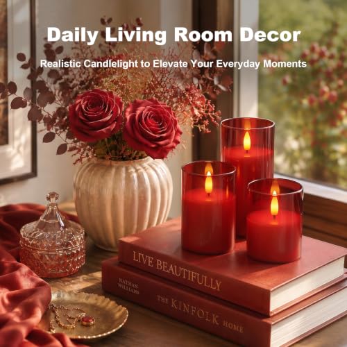 Image of Amagic Christmas Glass Flameless Candles with Remote, Real Wax Pillar Candles Batter Operated with Timer, Red LED Fake Candle for Thanksgiving Decor, Set of 3, D3 xH4 5 inch 6 inch