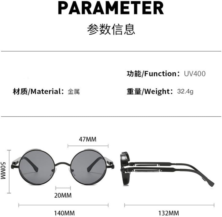 Round Steampunk Sunglasses Metal Frame with Spring Hinges Non Slip Temples Comfortable Silicone Nose Pads Vintage