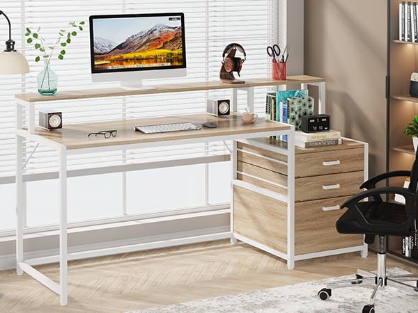 Image of Tribesigns 63 Inch Computer Desk with File Drawer Cabinet, Ergonomic Office Desk with Monitor Stand, Industrial Computer Table with Printer Space, Wood PC Table Workstation Desk for Home Office