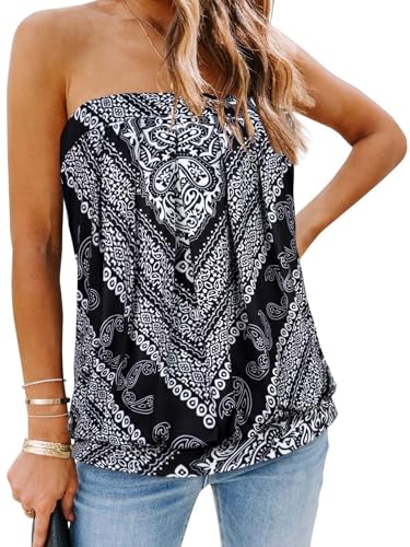 CHICGAL Blusa de verano para mujer, estilo informal, sin tirantes, con hombros descubiertos, túnica, Triángulo negro bohemio, M