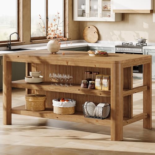 TRIBEWOOD 63-Inch Solid Wood Kitchen Island with Storage Shelves, Farmhouse Island Table with Seating, Counter Height Bar Table for Dining Room, Kitchen, Easy to Assemble, Natural Wood