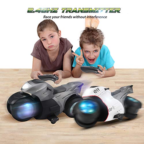 RC Motorcycle Toys, Kids Remote Control Motorcycle Double Sided Flips 360°Rotating Stunt Car for Boys, Gift for Kids/Brithday Gift (White) - Thumbnail 2