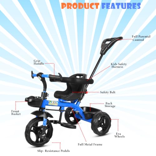 Image of Tricycle 1 Years to 5 Years with Removable Safety Guard and Parental Control Back Side Push Handle with Rubber Tyre for Kid's CR07 (Blue 5)