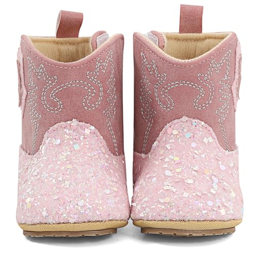 ESTAMICO Baby Girls Embroidery Western Cowgirl Boots Infant Sequin Leather Cowboy Booties Round Toe Ankle High Hook and Loop Shoes2