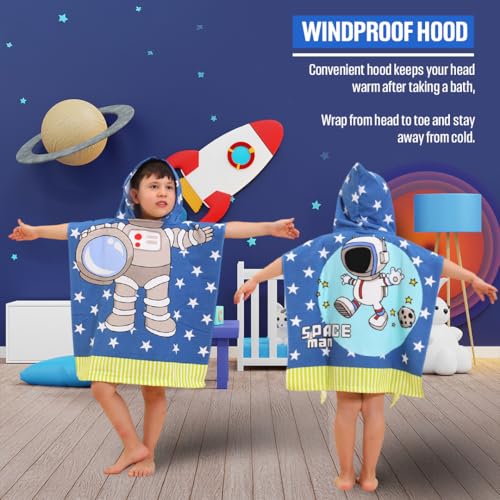 Image of TONY STARK Poncho Towel for Kids, Beach Towel with Hoodie, 60x60cm Travel Towel for 1-7 Years Girls and Boys, Soft Microfiber Sleeved Poncho (Space Explorer)