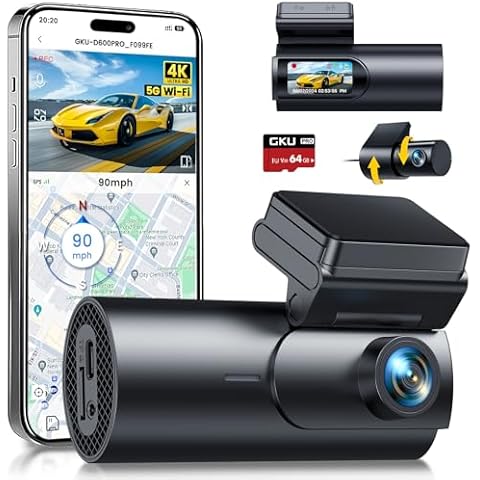 GKU Dash Cam Front and Rear Camera,4K+1080P, 5.8GHz WiFi & GPS Dash Camera for Cars,with 64G SDcard,1.47" Display Dashcam, 24HParking Mode,App Control,Super Night Vision,WDR,Support Max 256GB Cover