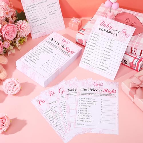 Image of Jetec 302 Pcs Baby Shower Games, 6 Games,50 Sheets Each, Coquette Pink Bow