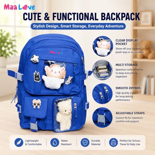 Image of Cute Kawaii Plush Display Backpack for Girls - Multi-Pocket School Bag with Transparent Window, Adjustable Straps, Aesthetic Bookbag for Teens & Students