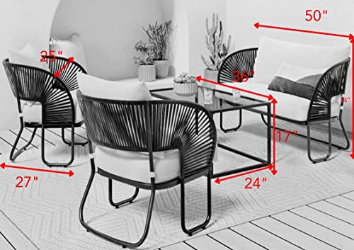 Image of DEVOKO Outdoor Rope Weaving 4 Piece Waterproof Patio Sofa Set with Cushioned Chair All Weather Furniture for Garden, Backyard, Pool, Porch (Black & White)