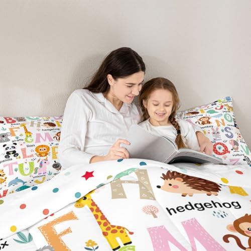 Image of Feelyou ABC Alphabet Comforter Queen Size for Boys Girls, Cartoon Animal Comforter Set Cute Educational Learning Tool Bedding Set Learning Educational Duvet Set Microfiber Bed Set