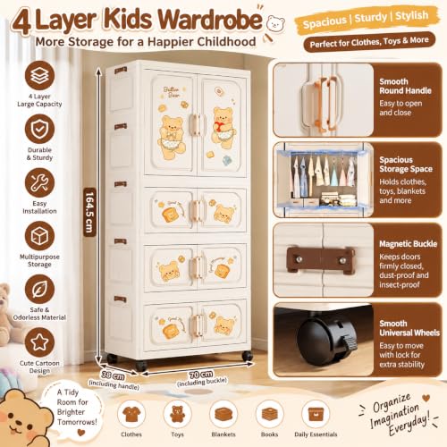 Image of Mevigo 4-Door Plastic Wardrobe for Kids| Almirah and Wardrobe for Baby Clothes| Modular Storage Cabinet with Wheel Organizer for Cupboard Rack for Clothes /Shoes /Books /Toy -White-70313