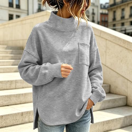 GOSEAGOTOFUN Mock Neck Sweatshirt Women High Neck Side Slit Casual Sweatshirt Long Sleeve Loose Pullover Fashion Fall Clothes Grey Small - image 2