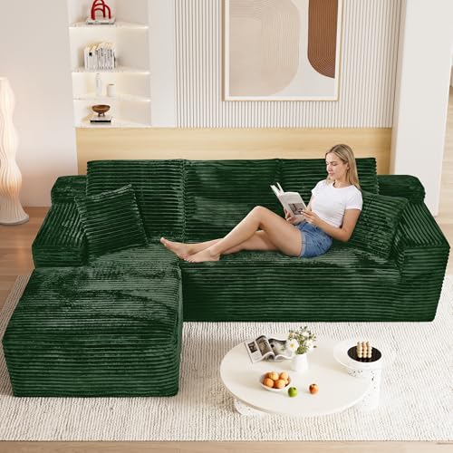 Image of 108 inch Boneless Cloud Sectional Couches for Living Room, Comfy Fluffy L Shaped Memory Foam Deep Seat Boneless Couch, Modular Sectional Sofa with Left Facing Chaise, Green