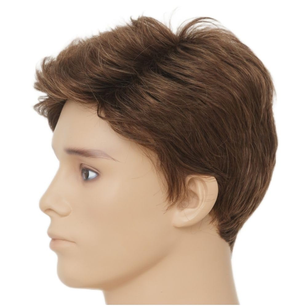 Salaibs Brown Short Wigs for Men Natural Layer Male Hair Syntehtic Heat Resistant Fiber Daily Wig Cap, 10 inches x 2 inches - Image 4
