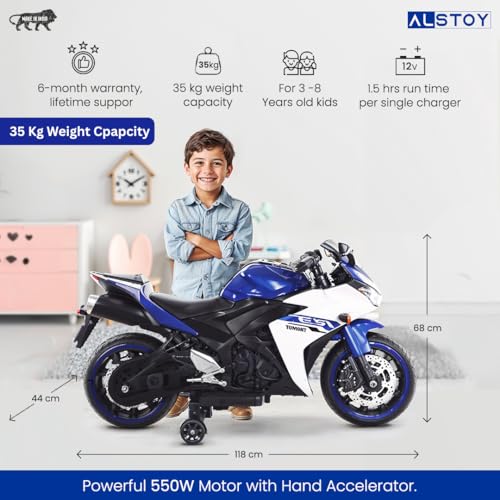 Image of Alstoy Ninja Ride-On Bike for Kids | 12V Rechargeable Battery Electric Toy Bike | Bluetooth Music | 35kg Capacity | Ages 3-8 Boys & Girls| BIS /ISI Approved | 6-Month Warranty | Large | Blue