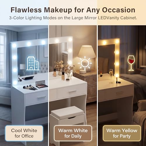 Image of YESHOMY Vanity Desk with Mirror,Makeup Vanity Table with 11 Adjustable Lights and 2 Spacious Drawers,3 Lighting Modes with Control&Soft-Padded Storage Stool,Modern Bedroom Vanity Set, White