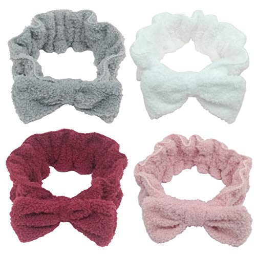 Mulbozy 4 Pack Microfiber Steam Cashmere Bowtie Headbands Cute Soft Makeup Hair Band Wash Spa Yoga Sports Shower Facial Adjustable Headbands for Girls and Women (Pink, Red, White, Gray)