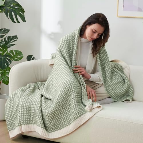Amélie Home Waffle Chenille Throw Blanket for Couch, Pineapple Stitch Knit Soft Cozy Knit Blanket Decorative Throw for Sofa, Chair, 50"x60", Sage Green&Ivory