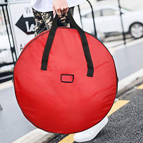 TQS 36" Christmas Wreath Storage Bag - Xmas Large Wreath Container - Reinforced Wide Handle and Double Sleek Zipper - Heavy Duty Protect Your Party Decorations Garland - Red
