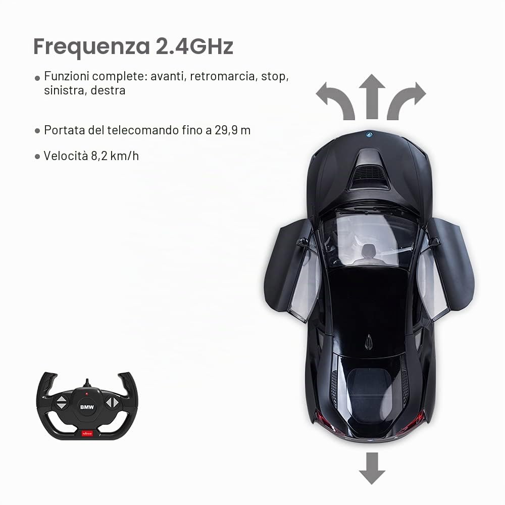RASTAR Modello di auto BMW i8, 1:14 BMW i8 auto telecomandata, porte aperte tramite RC/luci di lavoro - nero opaco