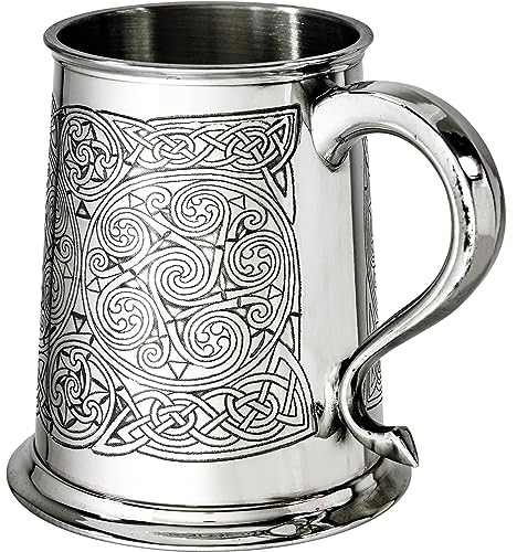 I LUV LTD 1 Pint Pewter Tankard with Celtic Spirals Design Swan Handle Pure Heavy Gauge Beer Tankard Perfect for Engraved Personalised Gifts for Men and Women