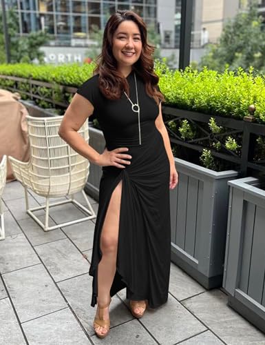 YMDUCH Women's Casual Short Sleeve Boat Neck Ruched High Split Bodycon Long Party Dress4