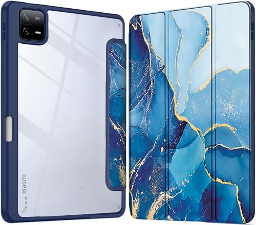 Image of Robustrion Cover for Xiaomi Pad 8 /8 Pro / 7 /7 Pro Cover Case 11.2 inch, Hybrid Flip Cover with [Transparent Back] and [Pencil Holder] for Xiaomi Mi Pad 7 /8 Cover [Auto Sleep Wake] - Marble Blue