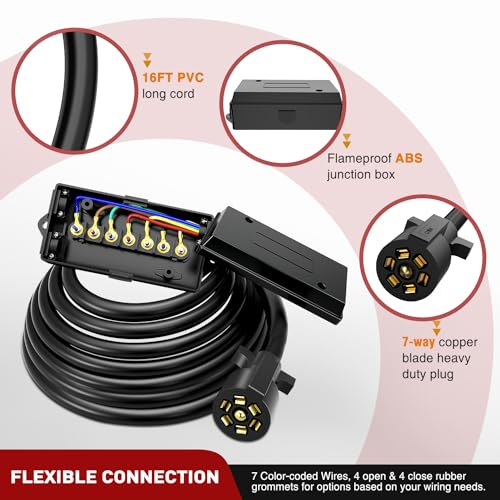 Image of Nilight Heavy Duty 7 Way Inline Trailer Plug with 7 Gang Junction Box | Weatherproof 16 Feet Connector Cable Wiring Extension Harness Suitable for RV Automotives Cars