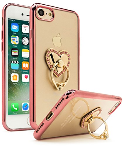 Bastex iPhone 7 Case, Ultra Thin Clear Luxury TPU Rose Gold Bumper Case Cover with Attachable Heart Diamond Ring Holder for Apple iPhone 7