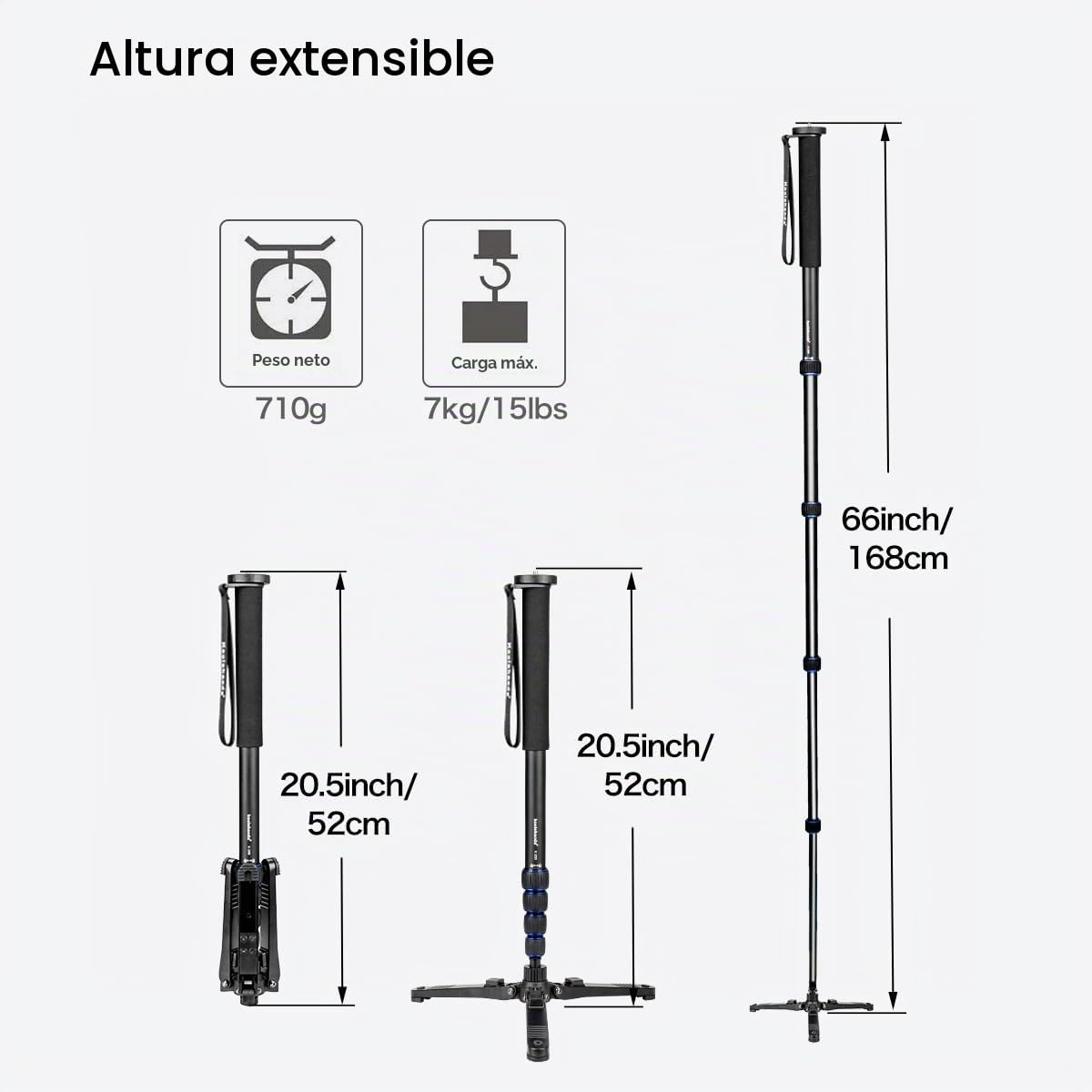 Monopié Extensible Koolehaoda para cámara de aleación de Aluminio con Base de Soporte para trípode, 5 Secciones, 52 cm-168 cm, Ajustable para cámaras SLR, videocámaras, Carga útil de hasta 7 kg