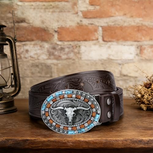 Image of Mens Western Cowboy Cowgirl Faux Leather Belt Longhorn Bull Pattern Letter Big Buckle Embossed Floral Belts