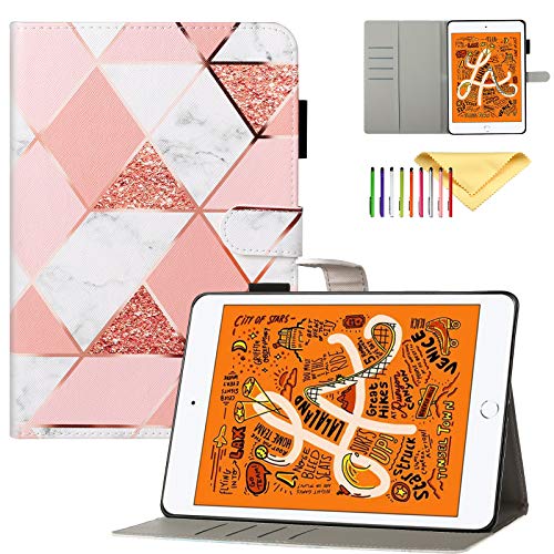 Uliking iPad Mini 5 Case with Pencil Holder, Folio Stand Shell [Auto Wake/Sleep] Protective Smart Cover for iPad Mini 5/4/3/2/1 7.9" Tablet, Pink Marble