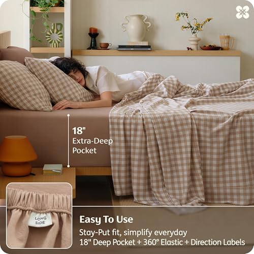 Image of Bedsure PureWoven Gingham Sheets 100% Washed Cotton Queen, Brown, 6PCS | Linen-Like Percale Sheets, Breathable & Relaxed, 18 inch Deep Pocket, Rustic Minimalist Farmhouse Checkered Yarn-Dyed Plaid