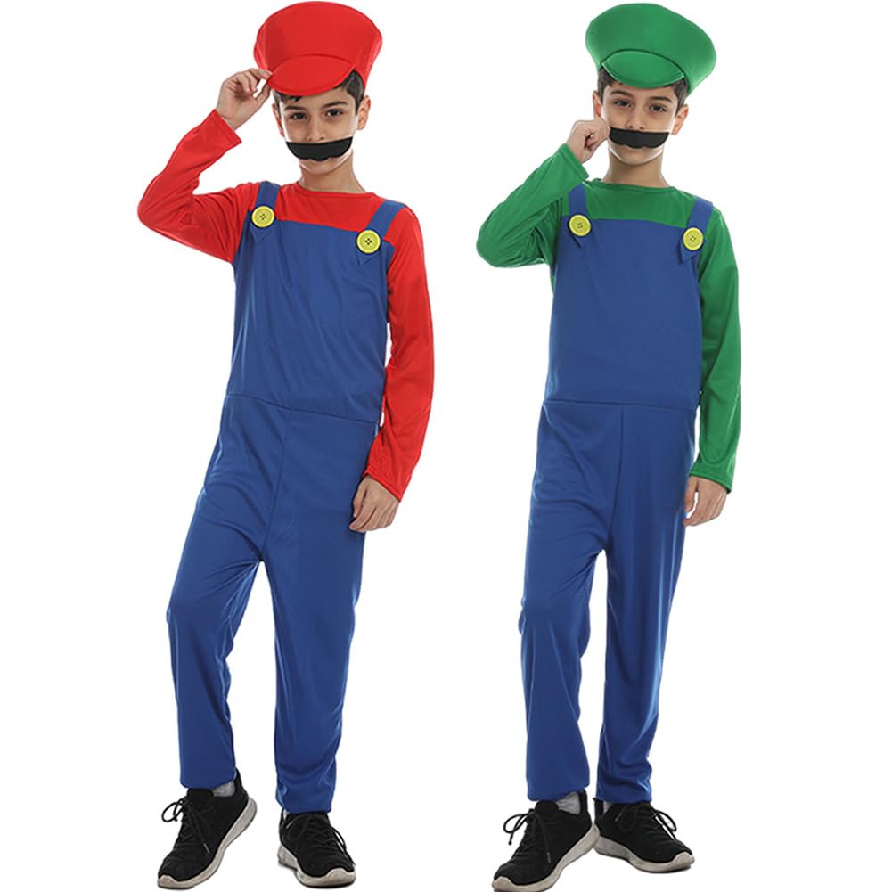 YIYUANIJI Super Bros Costume Aldult/Kids, Fancy Halloween Cosplay Costume for Kids Available in Sizes S,M,L,XL,Include Jumpsuit,Hat,and Moustache