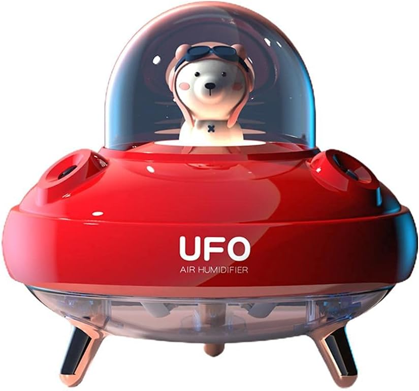 LZYEECute Portable USB Mini Cool Mist UFO Themed Double Spray Humidifier For Kid Baby Nursery Office Travel Bedroom Plants , 7 Colors Lights Ultra-Quiet Ultrasonic Air Humidifier (Red)