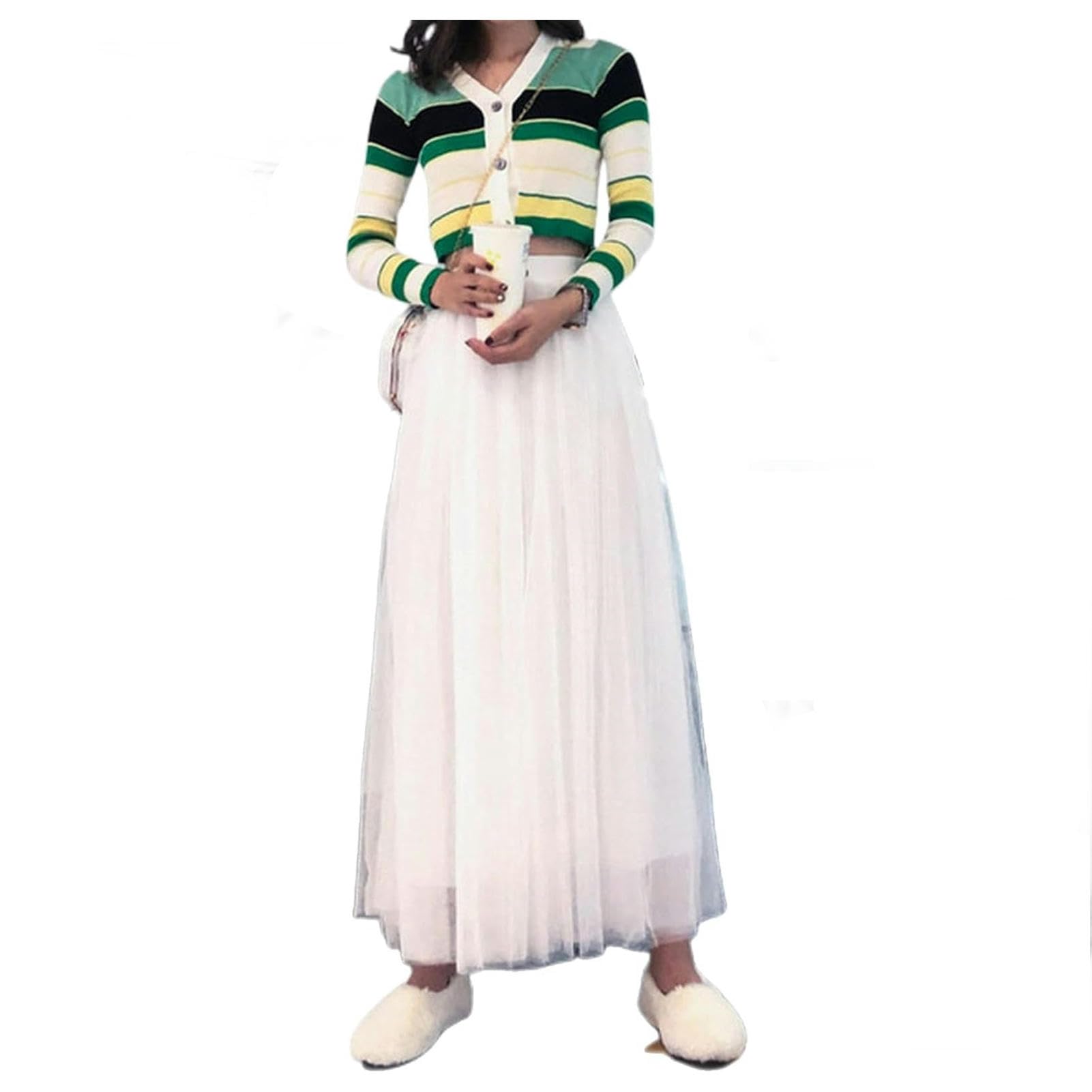 Rock Damen Elastische Taille 3 Schichten Mesh Long Tüllrock Brautjungfer Kleider Spring Herbst Elegant Vintage High Taille Ballkleid-Length 98cm-White