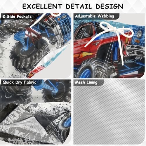 Pigsaly Boys Swim Trunks Blue Monster Truck Red Monster Truck Boys Board Shorts Swimsuit Swimwear Summer Bathing Suit XS3