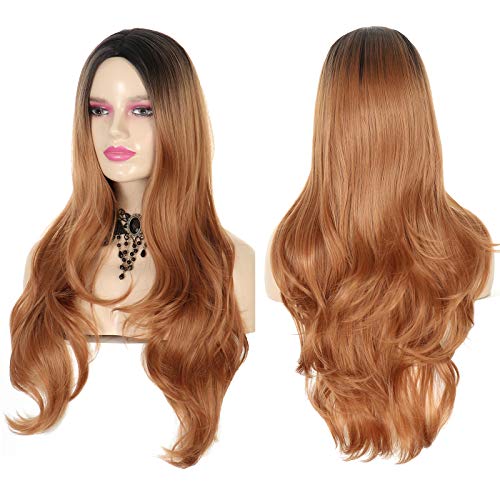 Altaba Long Wavy Wigs Ombre Brown Synthetic Wigs Middle Part Natural Looking Heat Resistant Party Cosplay Full Wig for Women
