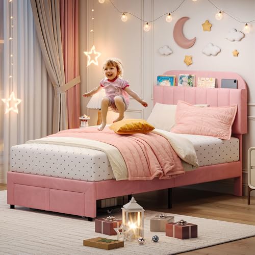 GarveeHome Twin Bed Frame with Drawer, Girls Bed, Velvet Upholstered Platform BedFrame with Storage Headboard for Kids, No Box Spring Needed, Easy Assembly, Noise-Free, Light Pink
