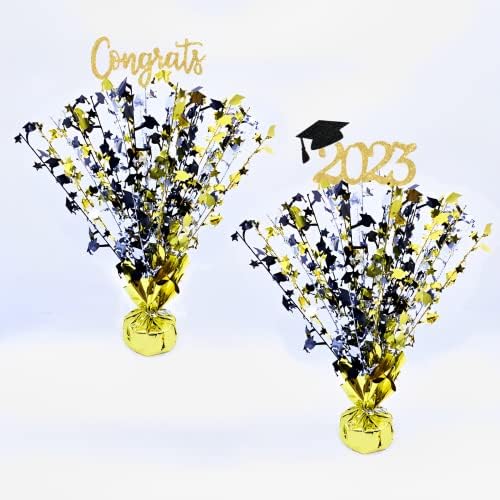 2pcs Metallic Plastic Graduation Gleam Burst Centerpiece,Black and Gold Silver Grad Cap Glitter Foil Centerpiece for 2023 Congrats Grad Party Table Decoration (Graduation Cap-2pcs)