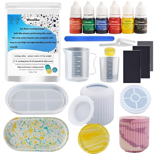 Wealike Gießpulver-Starter-Set,Enthält Gips Zum Gießen 680g,Silikonformen,Grundfarben,Schleifpapier, Mischbecher,30 Minuten entformt,ungiftig,für DIY Geschenkidee – (Terrazzo-Tablett)