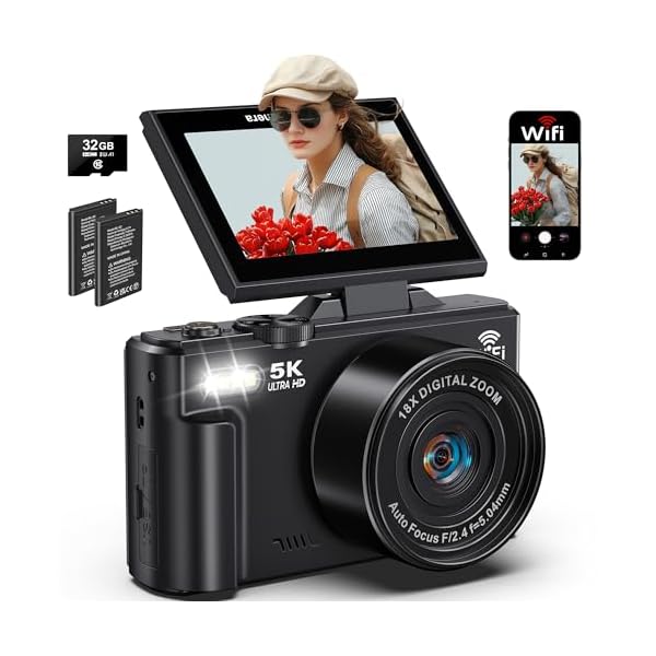 5K Digital Camera for Photography, 75MP WiFi Vlogging Camera for YouTube with 3″ 180° Flip Screen, 18X Zoom UHD Autofocus Video Camara with 32GB SD Card, 2 Batteries