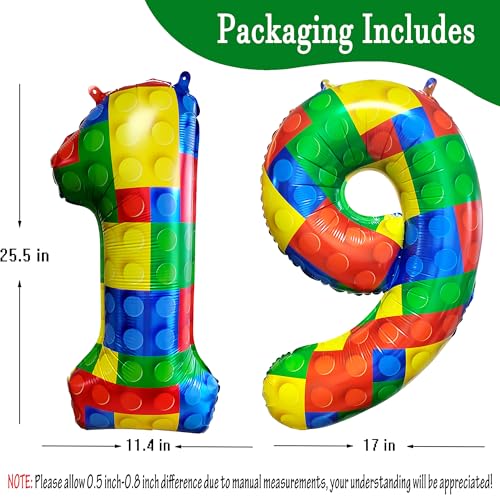 Image of 32 Inch Building Block Number 19 Balloons birthday Block Themed Large Big Helium Foil Mylar Balloon for Girls Boys Birthday Party Decoration Supplies